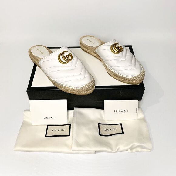 Gucci Shoes - Gucci GG Espadrille Mules EU 37.5 US 7.5 White Quilted Marmont Flat Logo Slides